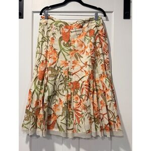 Floral Linen & Cotton Skirt in Coral & Tan by A Line Sz 10